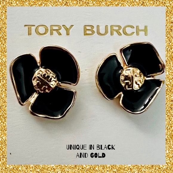 🆕 Tory Burch Authentic Small Black Resin Fleur & Gold Tone Logo Stud Earrings - Picture 3 of 12